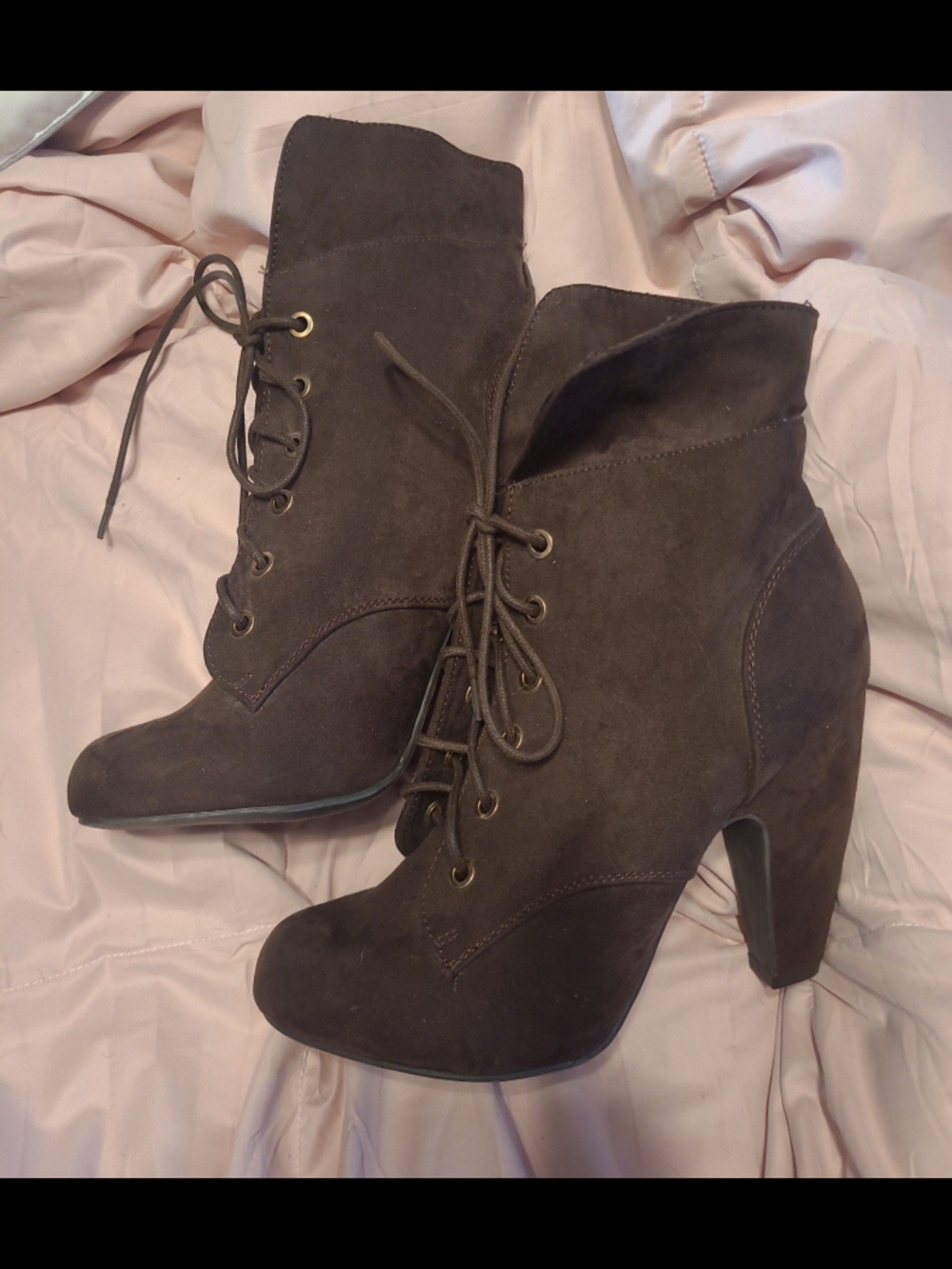 BAMBOO Dark Brown Lace-Up Suede Ankle Boots